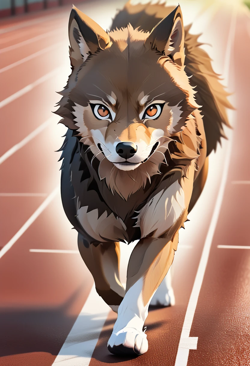 a photo finish shoot of a muscular anthomorph wolf on the running lane,  ((full body shot: 1.5)), ((anatomically correct: 1.5)) (ultra detailed face: 1.2), dynamic fur color, intense eyes, determined look, he is wearing running t shirt, sports shoes, running lane in an athlete stadium in the Olympics,  vibrant, Ultra-high resolution, High Contrast, (masterpiece:1.5), highest quality, Best aesthetics), best details, best quality, highres, 16k, [ultra detailed], masterpiece, best quality, (extremely detailed) RAW, (ultra details, Masterpiece, best quality), Cinematic Hollywood Film, Intense gaze