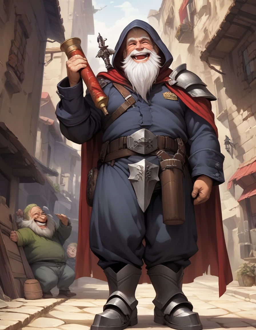 Solo, Score_9, score_8_up, score_7_up, male, RPG Art, Dwarf with white beard, in hood, shoulder cape, one shoulder armor piece, harpoon gun on strap around body, metal boots, armored waist. Patting a friend on shoulder, holding a diploma, cheery expression, laughing, mid angle shot, full body shot, wrinkly face, older male, wide stout dwarf, strong body, dad bod, hand on someone's shoulder. very large beard. 