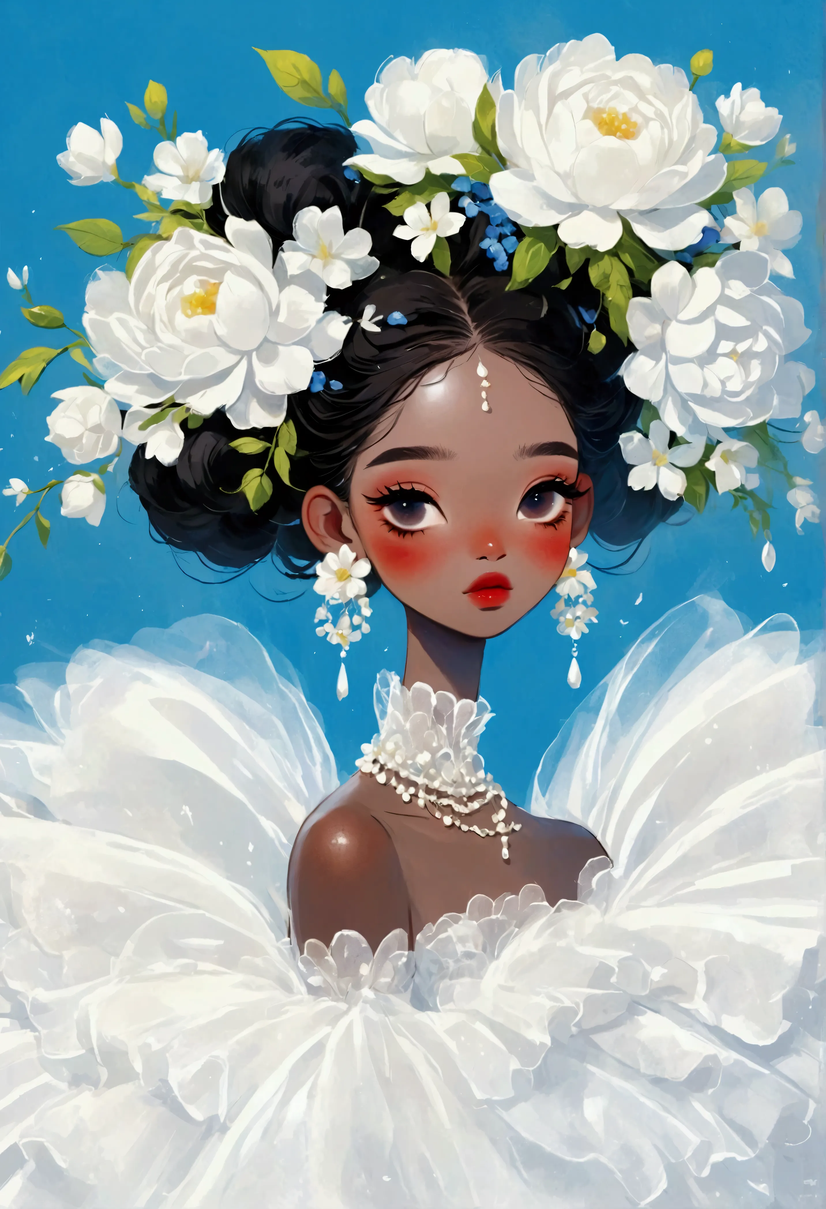 illustration：1 beautiful girl，dark skin，flower earrings，flower headdress，white exaggerated dress，exaggerated sleeves，fluffy whit...