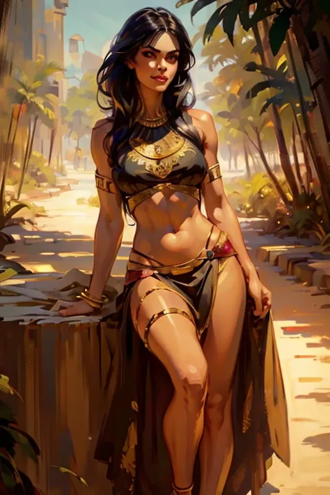 ((ultra realistic illustration:1.2)),(dark fantasy:1.4), in a desert kingdom. beautiful harem girl, black hair with bangs, seduc...