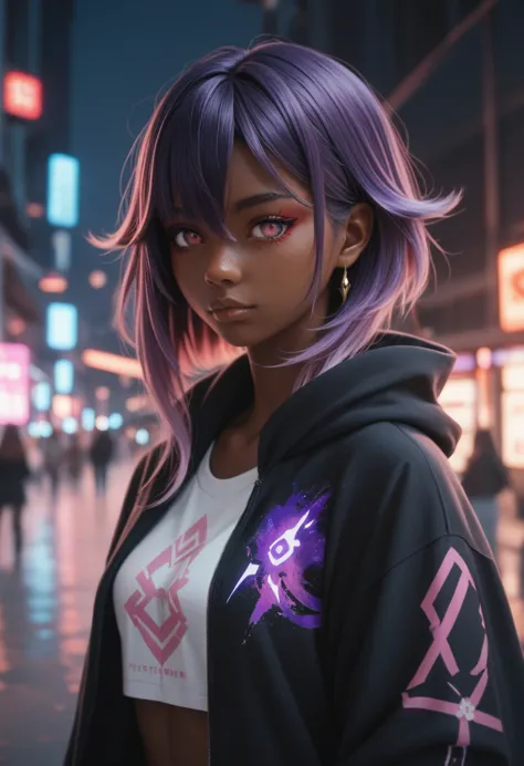 women, genshin impact oc, pink eyes, dark skin, dark skin color, pink eyes, black and purple hair, electro vision, clothes simil...