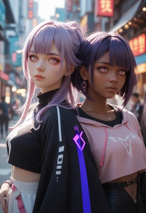 women, genshin impact oc, pink eyes, dark skin, dark skin color, pink eyes, black and purple hair, electro vision, clothes simil...