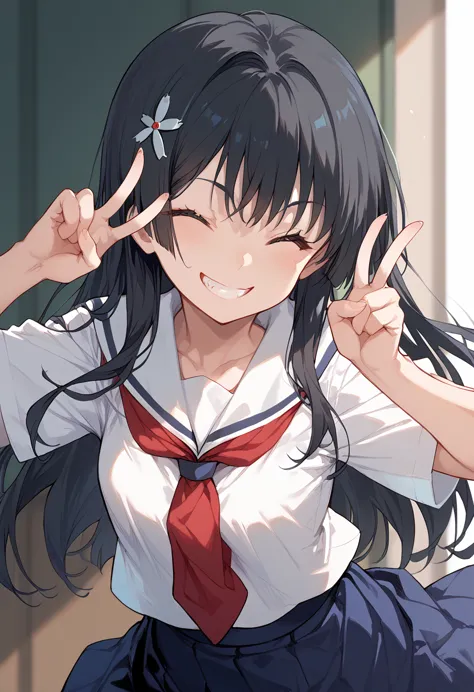 (saten ruiko)(14-year-old female,long black hair,hairpin)
(white sailor suit,red tie,blue skirt)one eye closed,grin,double peace