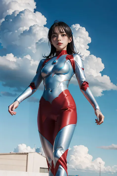 (((blue sky with cloud in background))), ultraman、realistic、realistic、cinematic lighting, girl in a shiny red and silver suit、18...