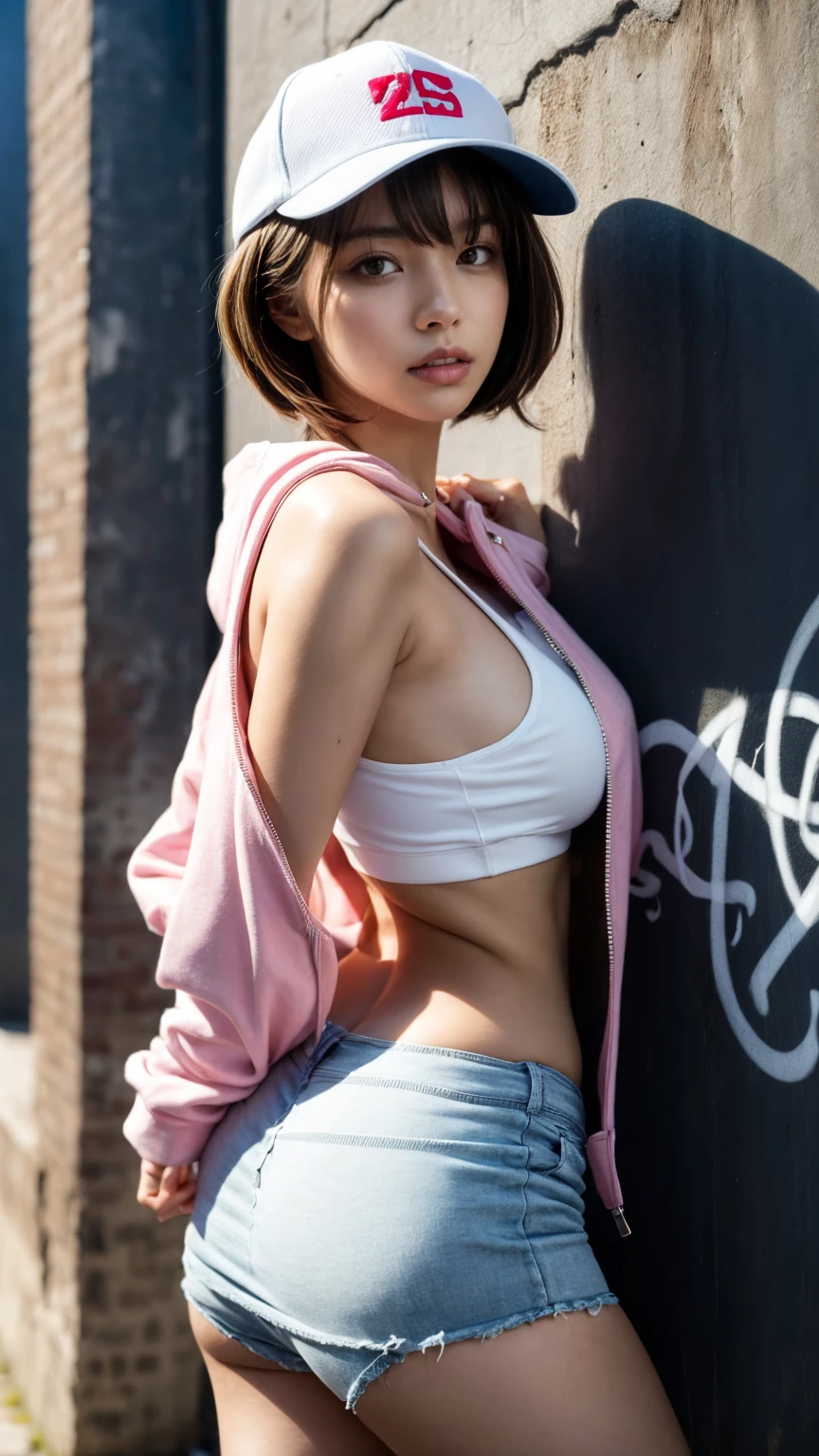 masterpiece, highest quality, Super detailed, 8k, Photorealistic, One girl, alone, Tomboy, Super detailed face, (head shot:1.5), Standing against a wall covered in hip-hop graffiti, White hair color with pixie cut, She is wearing a short tank top and an unzipped fluorescent pink hoodie.,The chest is visible,Nice butt,Wearing a New Era cap