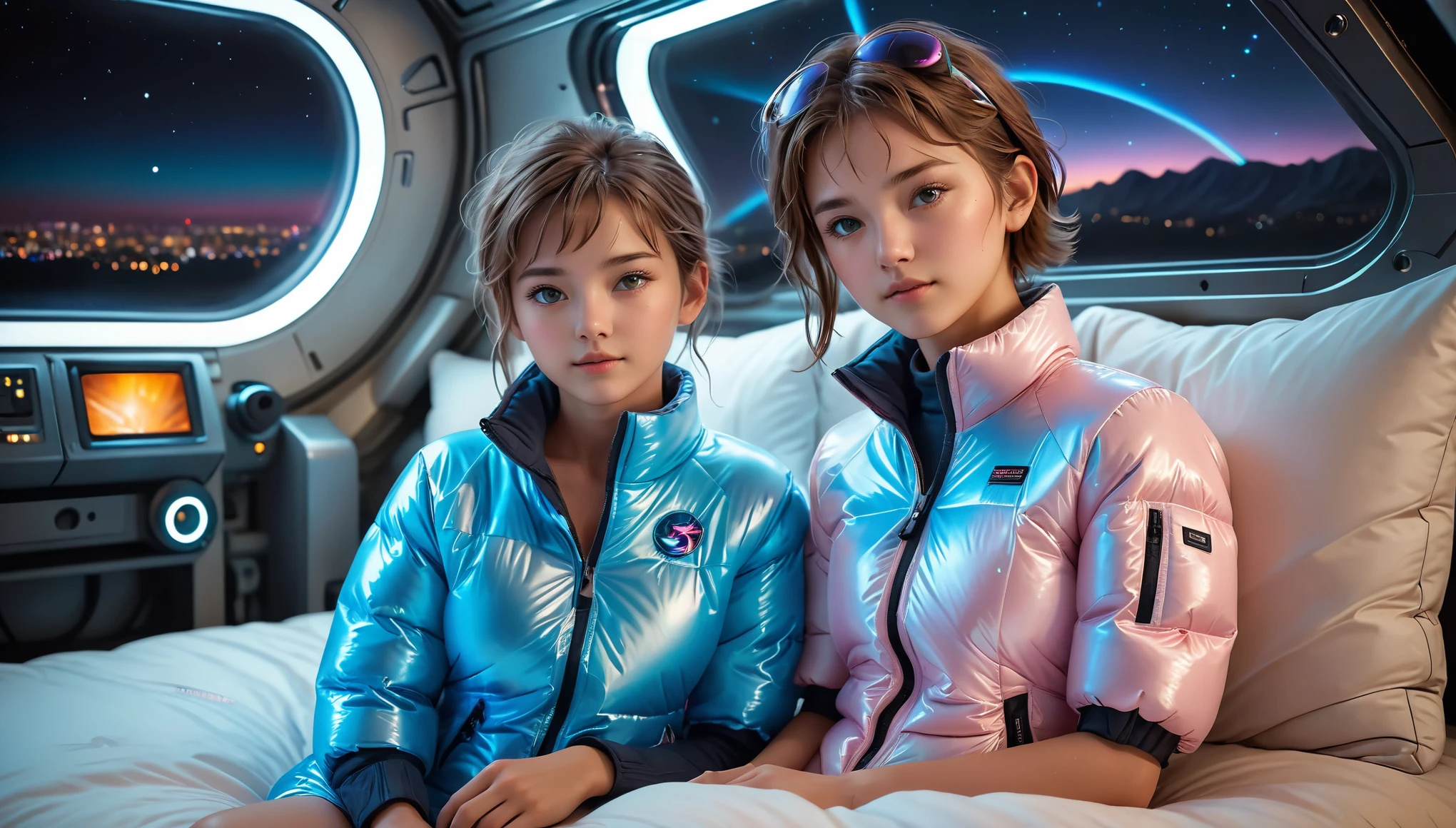 Top Quality, Masterpiece, High Resolution, 8k, ((2 cute barely legal girls in light pink blue shiny puffer with plunging neckline, short sleeves, wide neckline, deep neckline, small perky breasts, extremely detailed face, detailed slightly open eyes, beautiful detailed lips, short random hair style, small hips, very young)), in a spaceship, on bed, intricate details, at night, backlit, random neon color, full body shot, view from distance, random pose