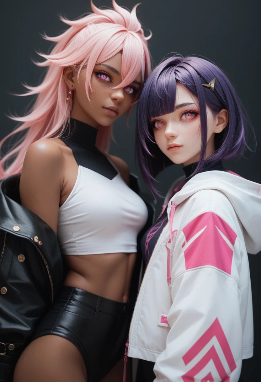 women, genshin impact Oc, pink eyes, Dark skin, dark skin color, pink eyes, black and purple hair, electro vision, clothes similar to inazuma&#39;s and somewhat japanese, short clothes but not too long, loose hair and shoulder-length hair, color clothes: Violet and white with silver details, with inazuma&#39;s electro vision, drawing style:anime,animated cartoon,Genshin style