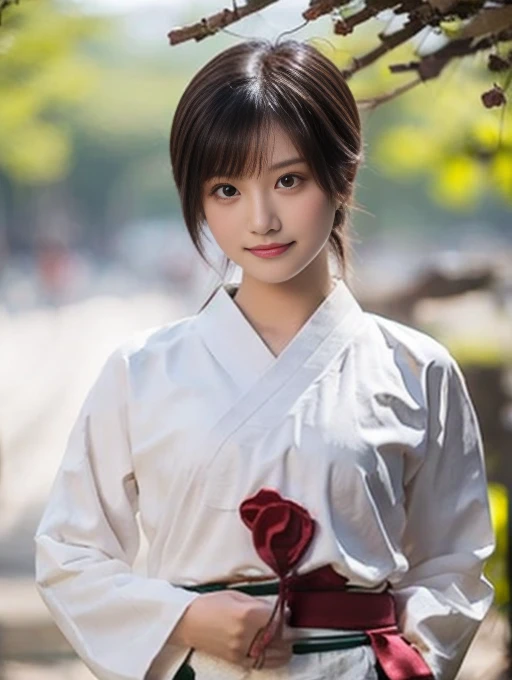 20 year old Japanese beauty，Slim and cute、Bulge of lateral breasts、Slit eyes、I can see from head to toe，Bust is very very large、The background is ancient China、High quality photos、Clear, sharp images of the lower body、Masterpiece 8k、Smiling、Wearing Taoist clothing