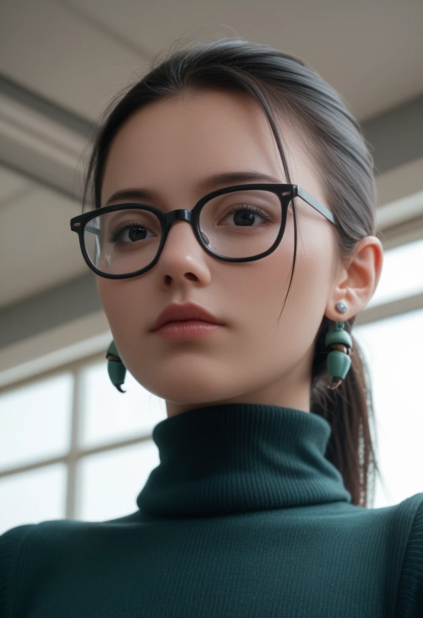 velmag,black eyes,purple lips,solo,(arthropod girl:1.3), spider girl,  green spider abdomen,  black hair, 
blue turtleneck, glasses, ponytail, earrings, schoolyard, 
upper body,   from below, 
solo, 
(insanely detailed, beautiful detailed face, masterpiece, best quality) 