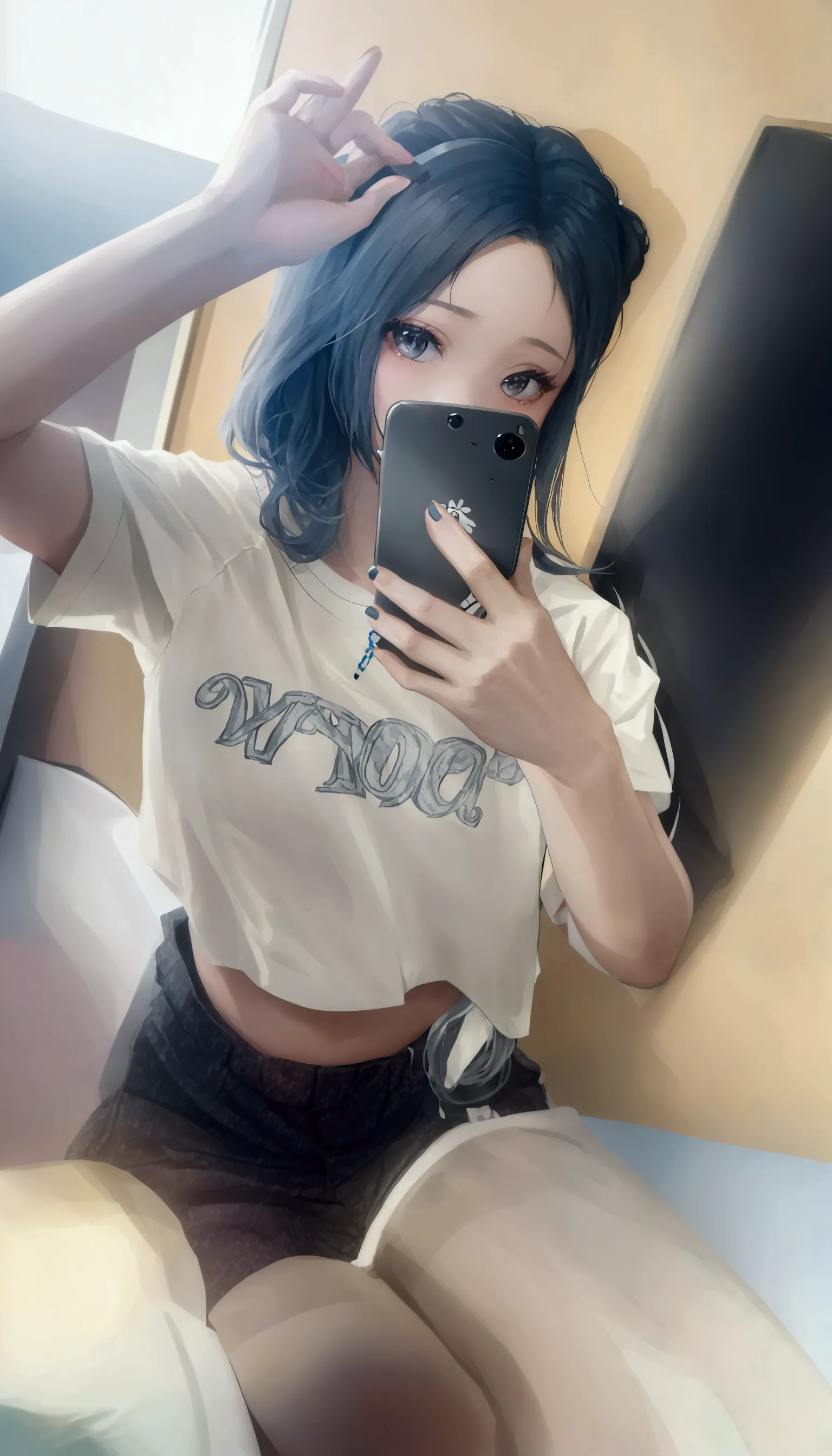 a woman is taking a selfie in the mirror, 破れたクロップt-shirts, crop top, 2263539546], ulzzang, 1 8 is, low quality photos, 👅 👅, 2 4-...