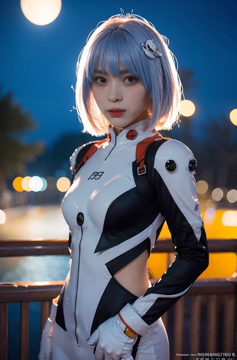 (best quality, masterpiece, colorful, dynamic angle, highest detailed)(\Rei Ayanami\), upper body photo, fashion photography of cute girl (\Rei Ayanami\), red eyes, dressing high detailed Evangelion white suit (high resolution textures), in dynamic pose, bokeh, (intricate details, hyperdetailed:1.15), detailed, moonlight passing through hair, (fantasy colors background, official art, extreme detailed, highest detailed), HDR+