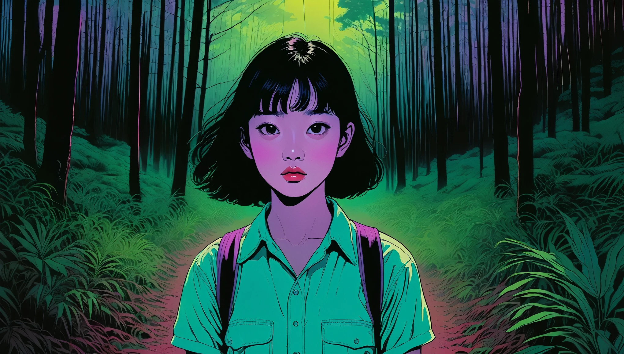 An illustration、art、80s Thai horror movie poster, Supervised by Junji Ito、(forest:1.2)、High 、Attention to detail, Realistic Shadows、Analog Style, chromatic aberration, Surrealism、Complementary Gradient