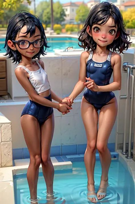 Very young ，Very short stature，Very flat chest，Very thin thighs，Baby Face，Wet navy blue school swimsuit，Wet body，Glasses，Standin...