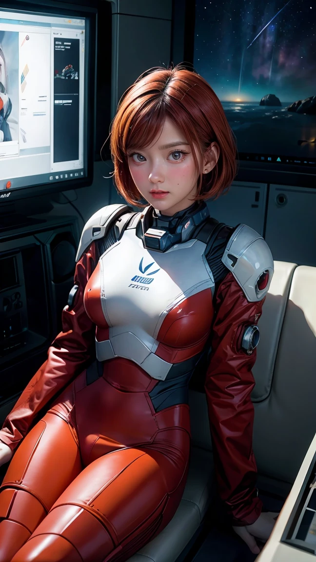 Absurd resolution, high resolution, (masterpiece: 1.4), hyper-detail, 1 young woman, short red hair, pilot suit, rich princess, sitting in an extremely narrow and closed mecha control room looking out the window, the window is the space universe can see the blue planet (1.5), the expression is excited, the mecha control room is in the universe