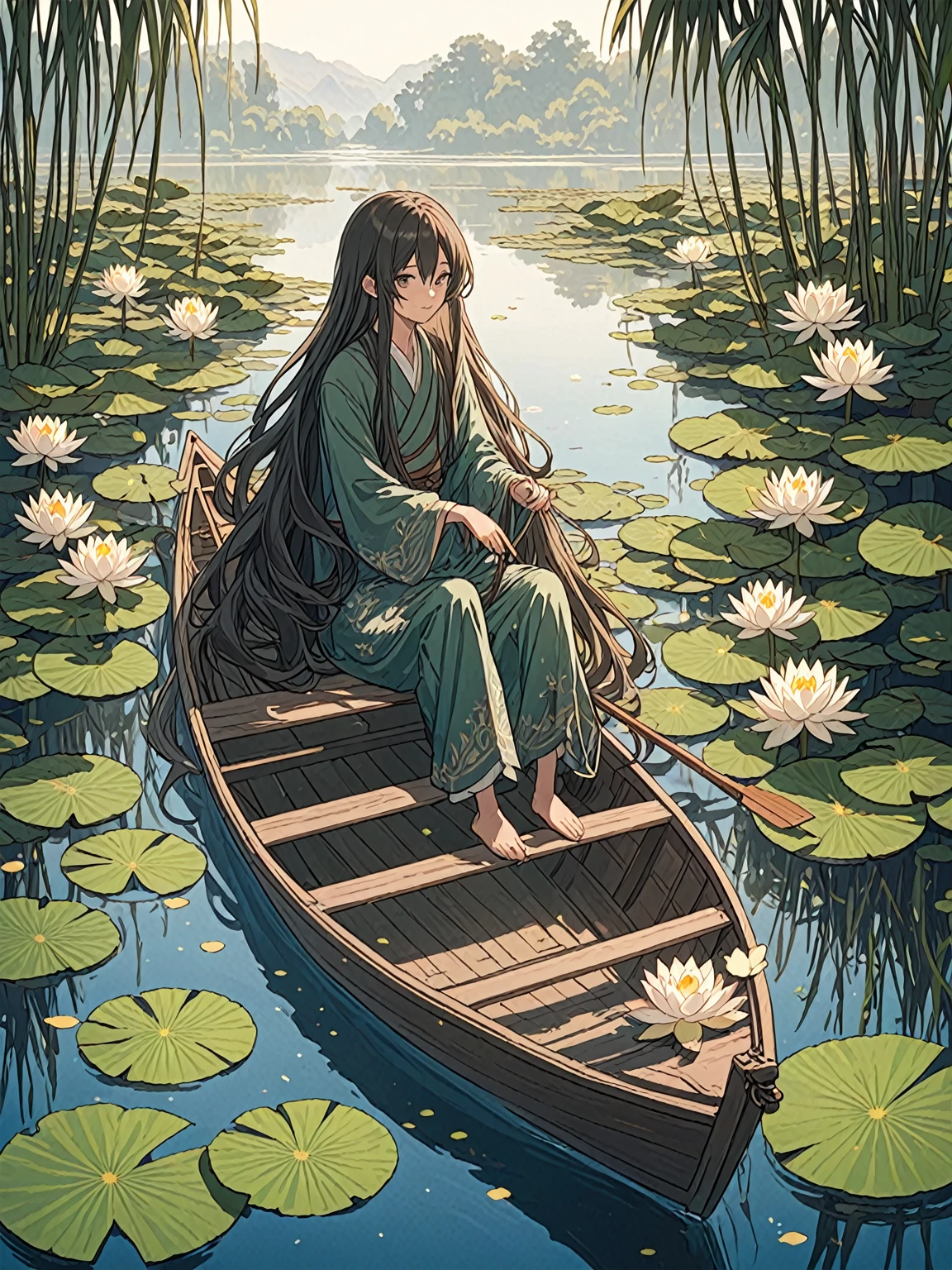 “A character with long hair is sitting in a boat, Among water lilies surrounded by a tranquil lake. The character&#39;s clothes have distinct red accents., There are foggy mountains in the background.”