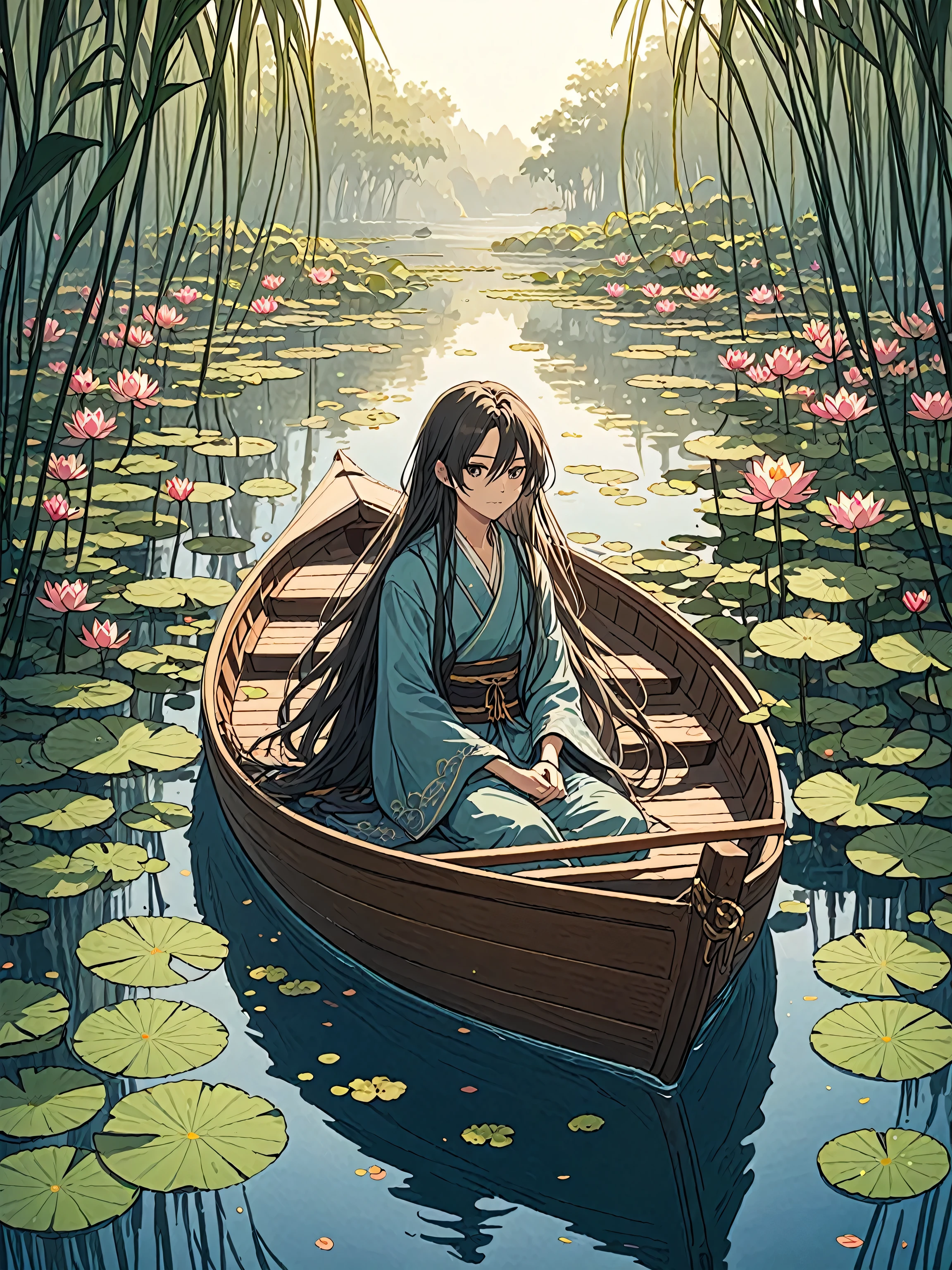 “A character with long hair is sitting in a boat, Among water lilies surrounded by a tranquil lake. The character&#39;s clothes have distinct red accents., There are foggy mountains in the background.”