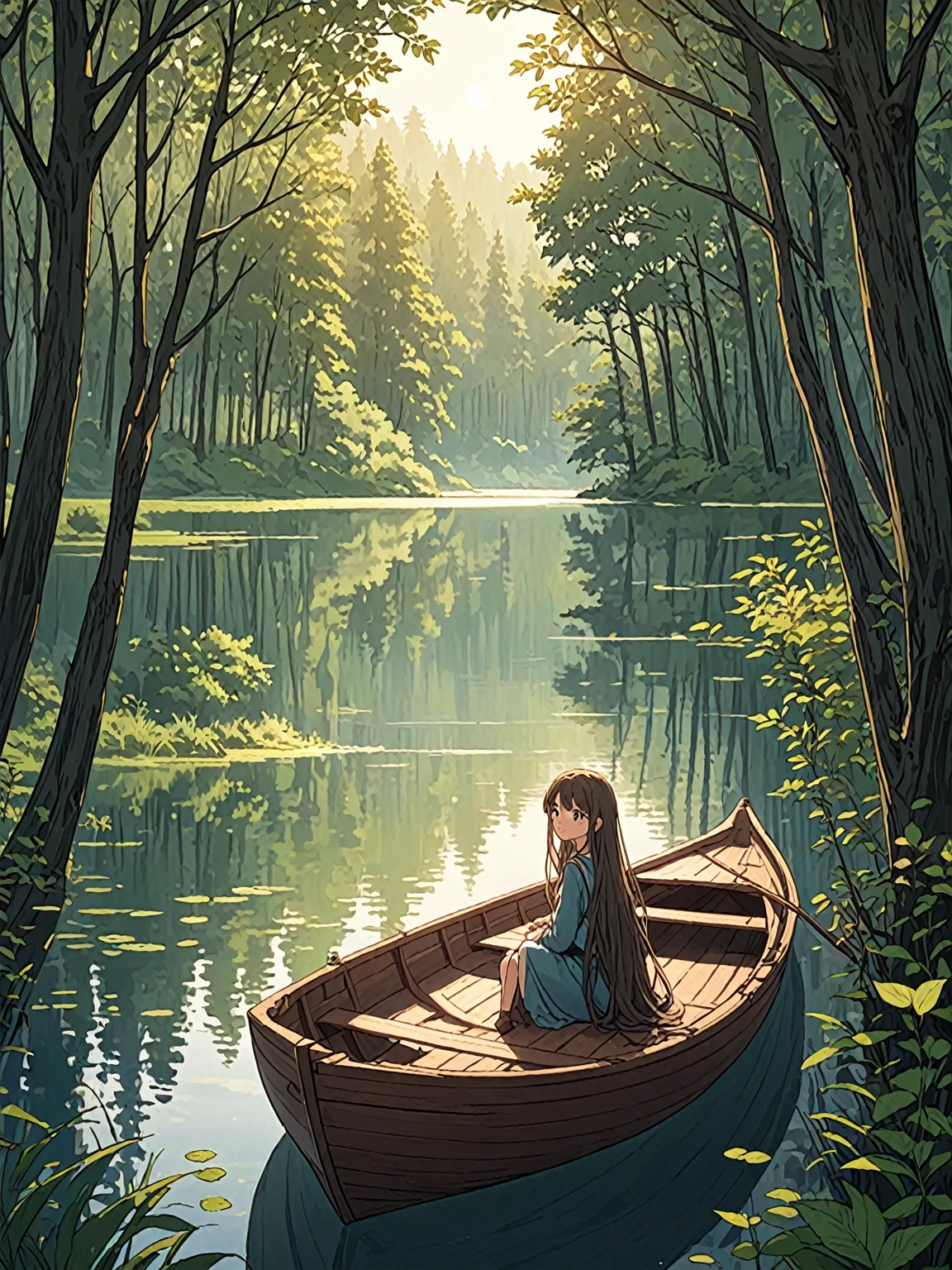 “A girl with long hair is sitting in a boat, Nestled among trees surrounded by a tranquil lake. The character&#39;s clothes have distinct red accents., There are foggy mountains in the background, with big breasts, Wearing a dress , wearing a straw hat, Underwear is see-through. 