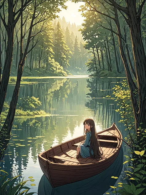 “a girl with long hair is sitting in a boat, nestled among trees surrounded by a tranquil lake. the character&#39;s clothes have...