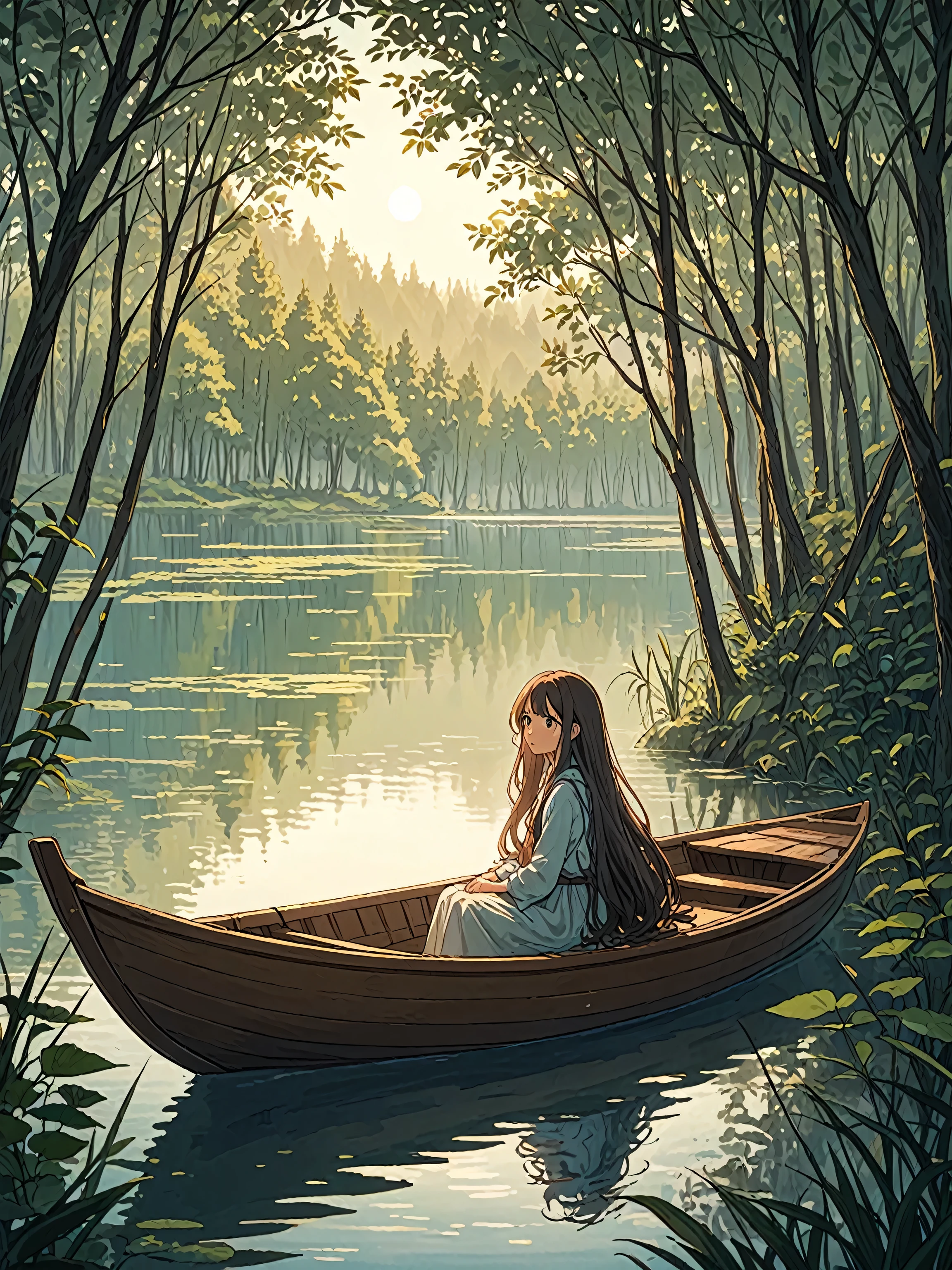 “A girl with long hair is sitting in a boat, Nestled among trees surrounded by a tranquil lake. The character&#39;s clothes have distinct red accents., There are foggy mountains in the background, with big breasts, Wearing a dress , wearing a straw hat, Underwear is see-through. 