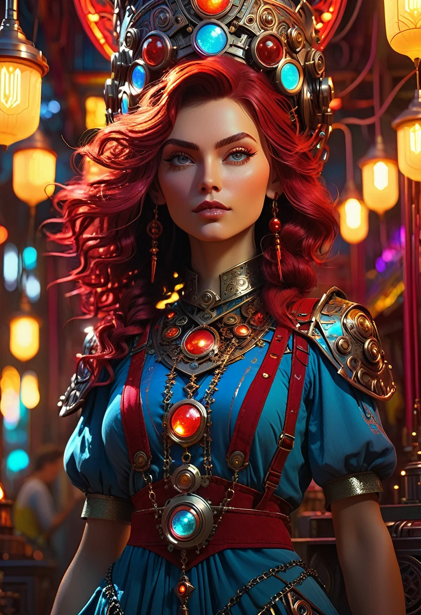 Ava Red, the Wizard of Magical Colors, mechanical priestess, Honky Tonk Girl, hyper-detailed, 8k, beautiful, cinematic lighting, in Training, Trending on Artstation, rule of thirds, beautiful illustration --uplight