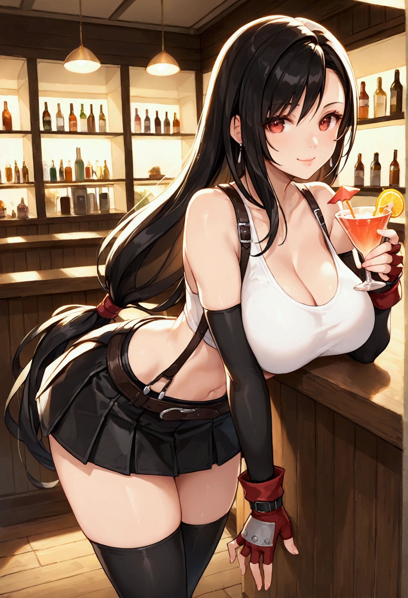 (score_9, score_8_up, score_7_up), BREAK  (masterpeace),(best quality),(aesthetic,very aesthetic),1girl, tifa lockhart, final fantasy,(beautiful). black hair, low-tied long hair, red eyes, bangs, white tank top,gap, belt, pleated skirt, thighhighs, elbow fingerless gloves, elbow pads, midriff, navel,suspender skirt.zettai ryouiki ,,(large_breasts:1.3),Solo,upperbody,looking_at_viewer,  vibrant, joyful,cafe and bar,(Emphasize the cleavage)、(leaning forward), (hand on counter) ,Showcasing cleavage:1.3 ,breast press,straight-on,counter,holding cocktail grass,