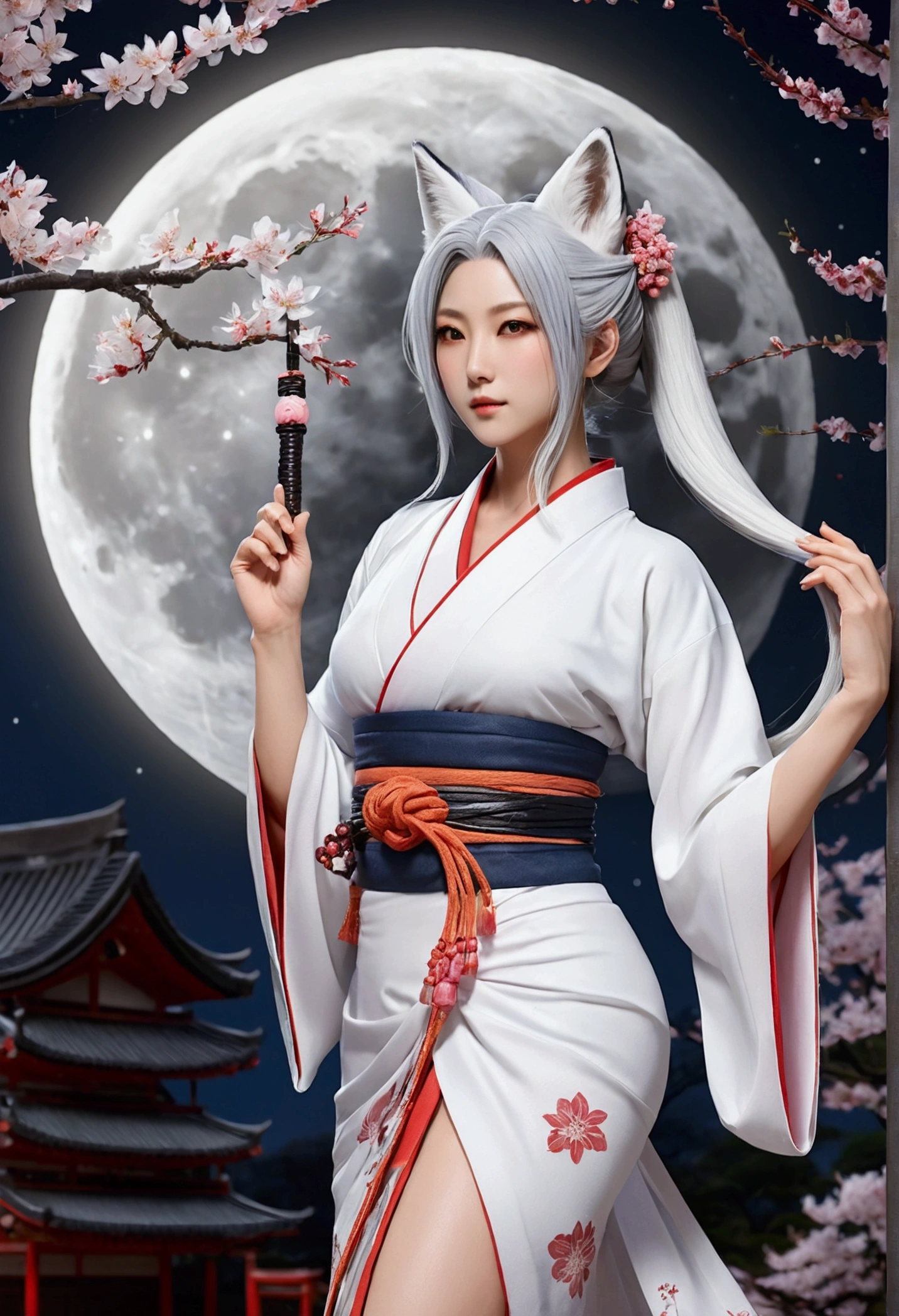 Beautiful Goddess（1 person）、White Fox Incarnation、It has nine tails、Beautiful woman、kimono、Trained muscles、Big Breasts、Gray Hair、Muscular body、Japanese Shrines、Cherry Blossoms at Night、full moon、8k、Realistic