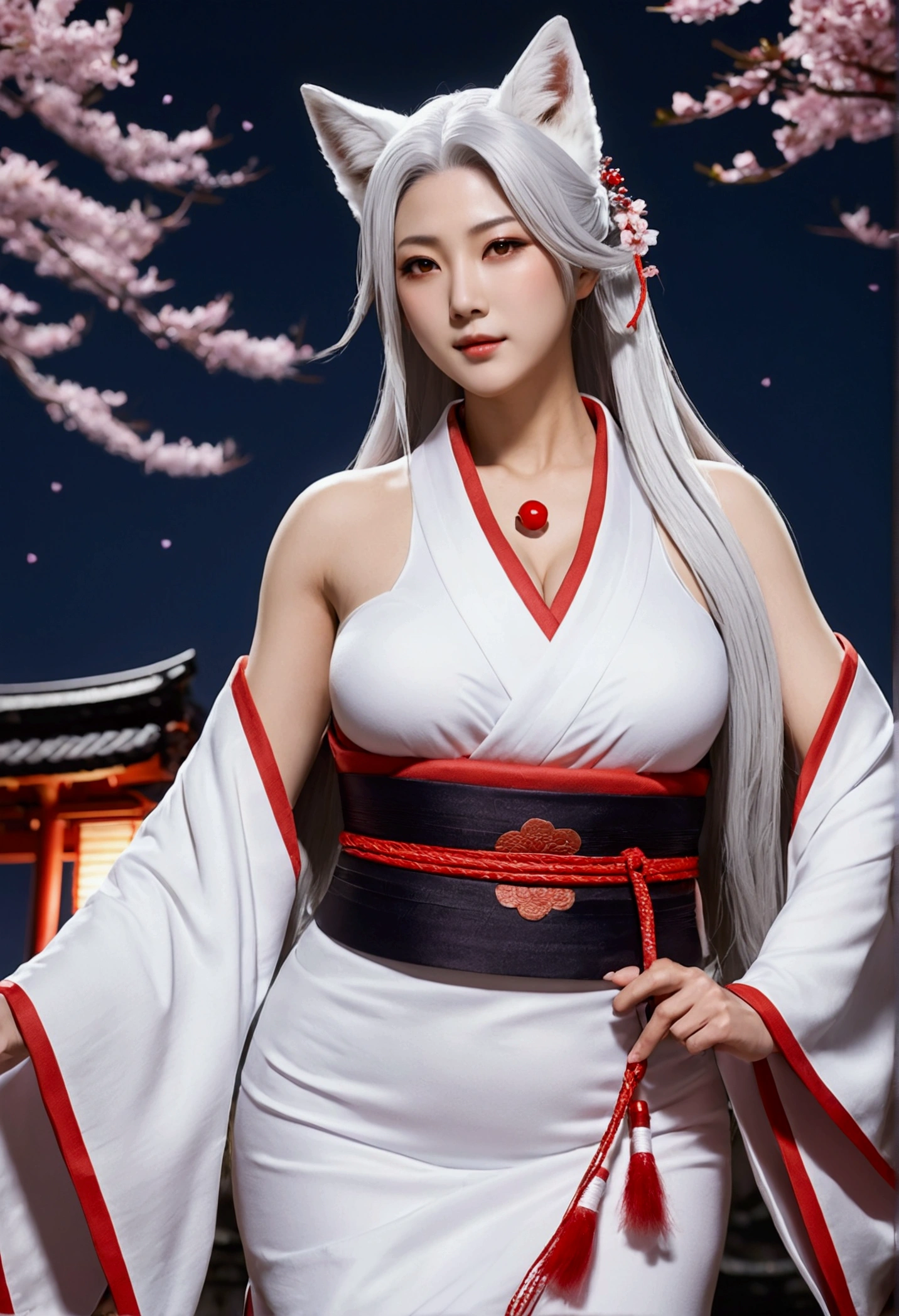 Beautiful Goddess（1 person）、White Fox Incarnation、It has nine tails、Beautiful woman、kimono、Trained muscles、Big Breasts、Gray Hair、Muscular body、Japanese Shrines、Cherry Blossoms at Night、full moon、8k、Realistic