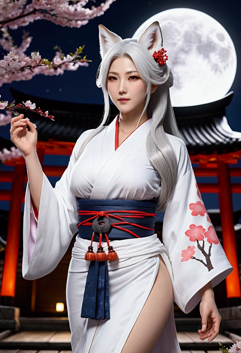 Beautiful Goddess（1 person）、White Fox Incarnation、It has nine tails、Beautiful woman、kimono、Trained muscles、Big Breasts、Gray Hair、Muscular body、Japanese Shrines、Cherry Blossoms at Night、full moon、8k、Realistic