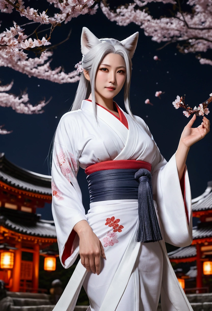 Beautiful Goddess（1 person）、White Fox Incarnation、It has nine tails、Beautiful woman、kimono、Trained muscles、Big Breasts、Gray Hair、Muscular body、Japanese Shrines、Cherry Blossoms at Night、full moon、8k、Realistic