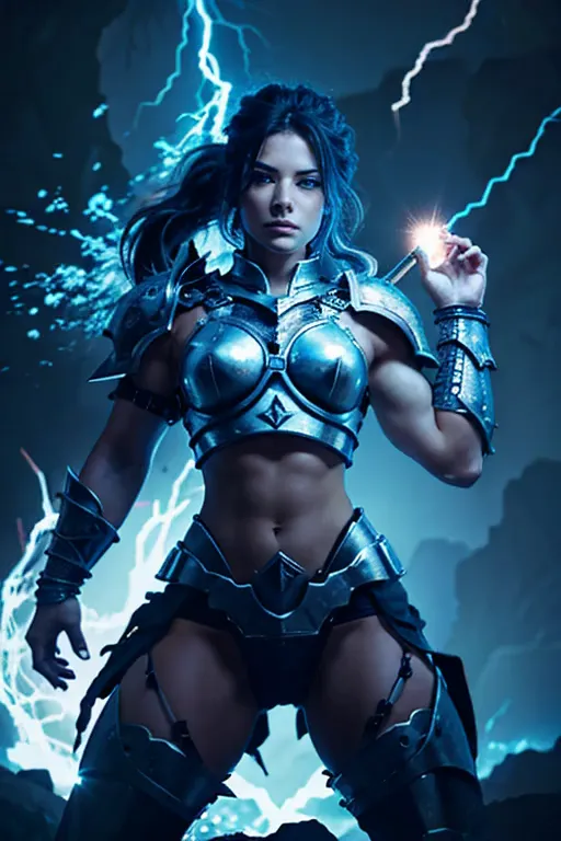 evil, beautiful and muscular nordic female storm giant with blue black hair in a ponytail, older and mature woman, throwing a li...