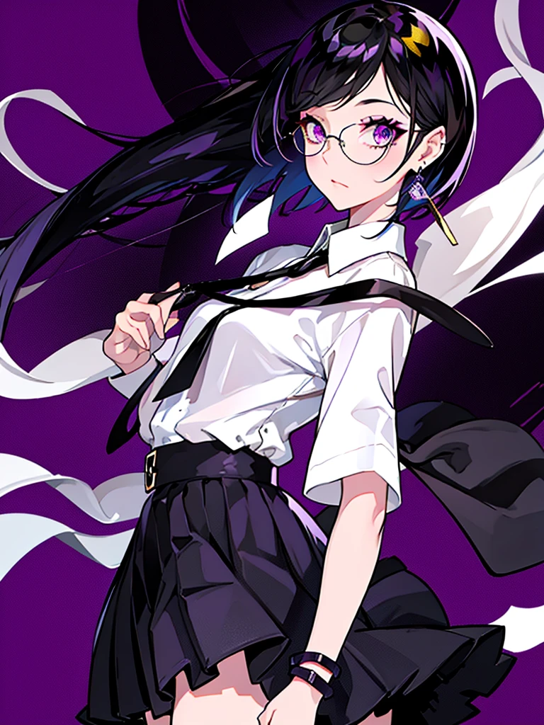 girl in black and purple hair standing in front of purple background, 1 girl, alone, short hair, skirt, shirt, Black Hair, Simple Background, white shirt, Purple eyes, Black tie, jewelry, pleated skirt, From the side, Short sleeve, Earrings, collared shirt, shirt tucked in,rum \(rumダヨー\), eye shadow.White clothes,Glasses