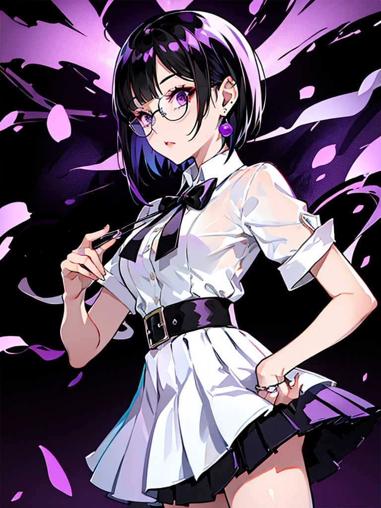 girl in black and purple hair standing in front of purple background, 1 girl, alone, short hair, skirt, shirt, Black Hair, Simple Background, white shirt, Purple eyes, Black tie, jewelry, pleated skirt, From the side, Short sleeve, Earrings, collared shirt, shirt tucked in,rum \(rumダヨー\), eye shadow.White clothes,Glasses