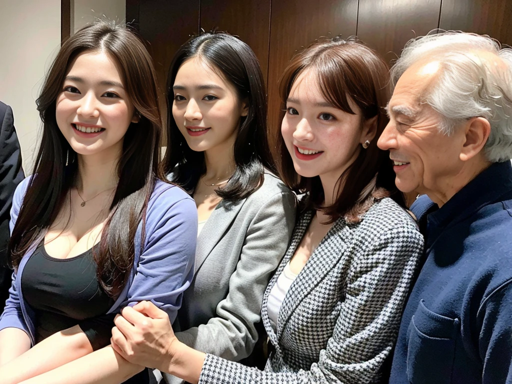 (A photo of a young, beautiful Korean female president dressed as a politician exchanging warm embraces with three elderly, gray-haired grandfathers.:1.3)(Grinning expression:1.2)(20-year-old:1.3)(Huge , There is cleavage in the chest:1.2),(Sweating profusely)(Huge boobs)(Elegant, shiny, long black hair:1.2))(8k, RAW Photos, Highest quality, masterpiece: 1.2),High-resolution RAW color photos, Professional photos, Very detailed and beautiful,(she&#39;She&#39;s very skinny but has big breasts:1.4), Small face:1.Perfect anatomical figure、(Browsing Caution:1.1)(Huge breasts that make your clothes burst: 0.9) (Huge胸 :1.4)(Classy makeup,eyeliner/eye shadow,lipstick,Fair skin,Beautiful Skin)(Full body photo:1.1)(Shiny Hair:1.3)(lipstick:1.2)(Too big earrings:1.2)(Beautiful female college student:1.2)(セクシーな韓国人sister:1.2)(sister:1.1))(Family group photo:1.3)(Box Coverage,Press conference:1.2)Off-the-shoulder blouse,