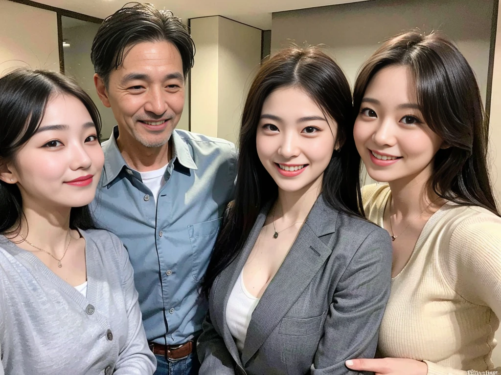 (A photo of a young, beautiful Korean female president dressed as a politician exchanging warm embraces with three elderly, gray-haired grandfathers.:1.3)(Grinning expression:1.2)(20-year-old:1.3)(Huge , There is cleavage in the chest:1.2),(Sweating profusely)(Huge boobs)(Elegant, shiny, long black hair:1.2))(8k, RAW Photos, Highest quality, masterpiece: 1.2),High-resolution RAW color photos, Professional photos, Very detailed and beautiful,(she&#39;She&#39;s very skinny but has big breasts:1.4), Small face:1.Perfect anatomical figure、(Browsing Caution:1.1)(Huge breasts that make your clothes burst: 0.9) (Huge胸 :1.4)(Classy makeup,eyeliner/eye shadow,lipstick,Fair skin,Beautiful Skin)(Full body photo:1.1)(Shiny Hair:1.3)(lipstick:1.2)(Too big earrings:1.2)(Beautiful female college student:1.2)(セクシーな韓国人sister:1.2)(sister:1.1))(Family group photo:1.3)(Box Coverage,Press conference:1.2)Off-the-shoulder blouse,