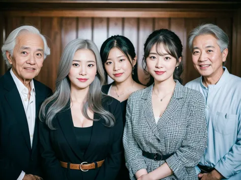 (A young and beautiful Korean female president dressed as a politician takes a family photo with her three elderly grey-haired g...