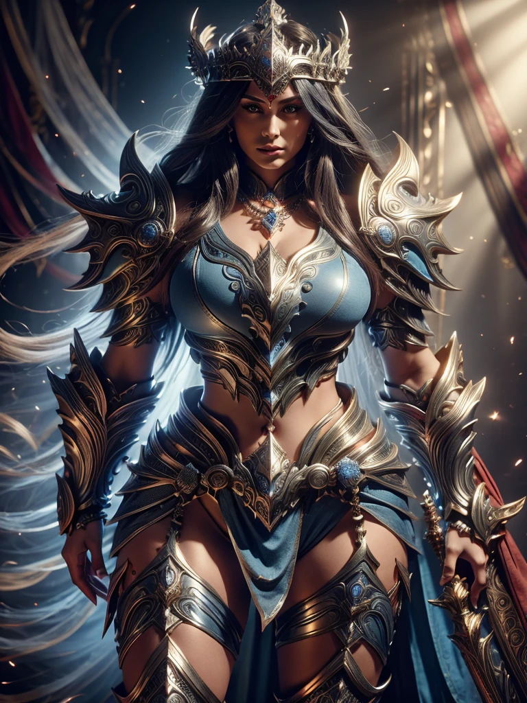 Facing me woman of approximately 25 years old goddess with long hair and necklace around her neck, crowned, Detailed Relentless Blue Armor Style Shorts, large hard breasts, tummy, legs aligned standing