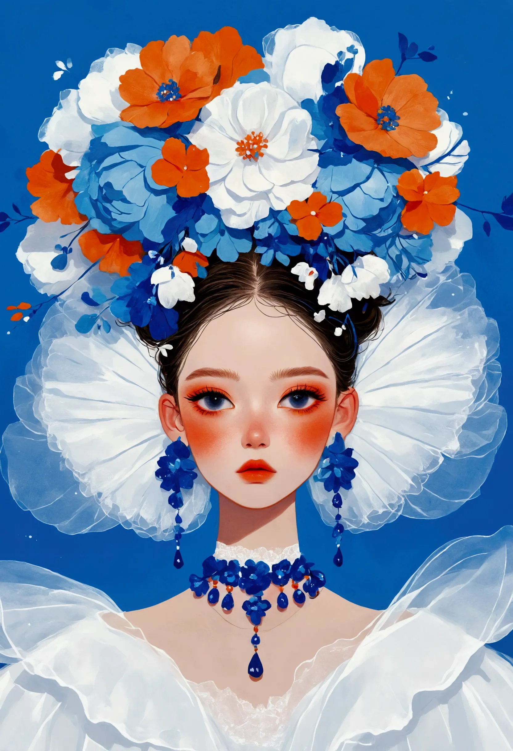 illustration：1 beautiful girl，blue skin，flower earrings，flower headdress，white exaggerated dress，exaggerated sleeves，fluffy whit...