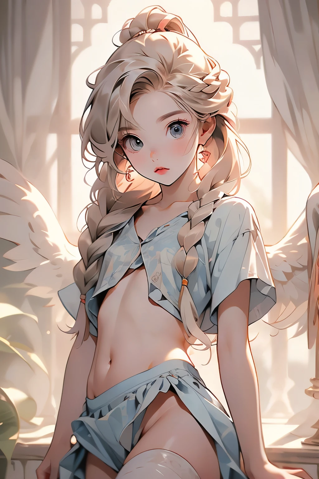  ((best quality)), ((masterpiece)), (detailed), 1girl, off-shoulder baggy sweater,clothes too big, revealing body,(little chest),(big forhead:1.2),(beautiful big eyes:1.3),extremely detailed cute anime face, (((flat chest))),((((long twin braids,tight braids,long braid,braided hair,long hime cut,colored inner hair)))),intricate eyes,beautiful detailed eyes,symmetrical eyes,((((lustrous skin:1.5,bright skin: 1.5,shiny skin,very shiny skin,shiny body,Reflective skin)))),(((detailed face))),beautiful detailed lips,(nsfw)), ((downblouse, upskirt)),(baggy, sagging clothes, upskirt, downblouse), dynamic pose,looking at viewer, (((embarrassed))),(horrified expression),highres,(best quality),(ultra detailed,extremely detailed),perfect face details, ((masterpiece:1.4, best quality))+, (ultra detailed)+, long twintails, (white thighhighs), cute girl,blue clothes, (flat chest:1.3), NSFW, small breasts, prominent collarbones, skinny arms, flat stomach, visible hip bones, long hair, red hair, white hair, blonde hair, dark hair, ponytail, thick ponytail, heavy ponytail, small breasts, NSFW 