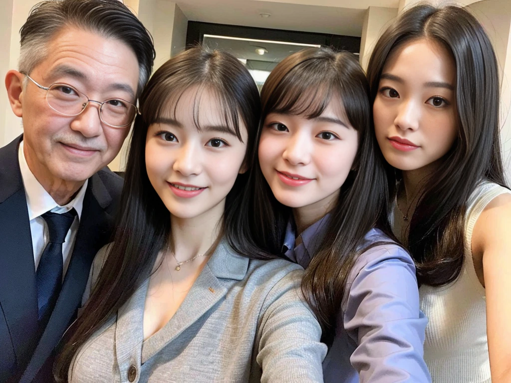 (A young and beautiful Korean female president dressed as a politician is seen with her elderly gray-haired grandfather and bearded father.,A photo of two cute elementary school sisters taking a family photo:1.3)(Grinning expression:1.2)(20-year-old:1.3)(Huge , There is cleavage in the chest:1.2),(Sweating profusely)(Huge boobs)(Elegant, shiny, long black hair:1.2))(8k, RAW Photos, Highest quality, masterpiece: 1.2),High-resolution RAW color photos, Professional photos, Very detailed and beautiful,(she&#39;She&#39;s very skinny but has big breasts:1.4), Small face:1.Perfect anatomical figure、(Browsing Caution:1.1)(Huge breasts that make your clothes burst: 0.9) (Huge胸 :1.4)(Classy makeup,eyeliner/eye shadow,lipstick,Fair skin,Beautiful Skin)(Full body photo:1.1)(Shiny Hair:1.3)(lipstick:1.2)(Too big earrings:1.2)(Beautiful female college student:1.2)(セクシーな韓国人sister:1.2)(sister:1.1))(Family group photo:1.3)(Box Coverage,Press conference:1.2)Off-the-shoulder blouse,