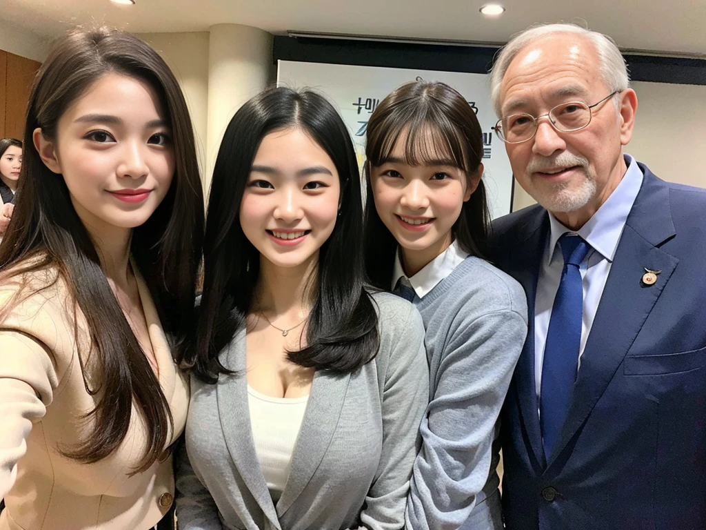 (A young and beautiful Korean female president dressed as a politician is seen with her elderly gray-haired grandfather and bearded father.,A photo of two cute elementary school sisters taking a family photo:1.3)(Grinning expression:1.2)(20-year-old:1.3)(Huge , There is cleavage in the chest:1.2),(Sweating profusely)(Huge boobs)(Elegant, shiny, long black hair:1.2))(8k, RAW Photos, Highest quality, masterpiece: 1.2),High-resolution RAW color photos, Professional photos, Very detailed and beautiful,(she&#39;She&#39;s very skinny but has big breasts:1.4), Small face:1.Perfect anatomical figure、(Browsing Caution:1.1)(Huge breasts that make your clothes burst: 0.9) (Huge胸 :1.4)(Classy makeup,eyeliner/eye shadow,lipstick,Fair skin,Beautiful Skin)(Full body photo:1.1)(Shiny Hair:1.3)(lipstick:1.2)(Too big earrings:1.2)(Beautiful female college student:1.2)(セクシーな韓国人sister:1.2)(sister:1.1))(Family group photo:1.3)(Box Coverage,Press conference:1.2)Off-the-shoulder blouse,