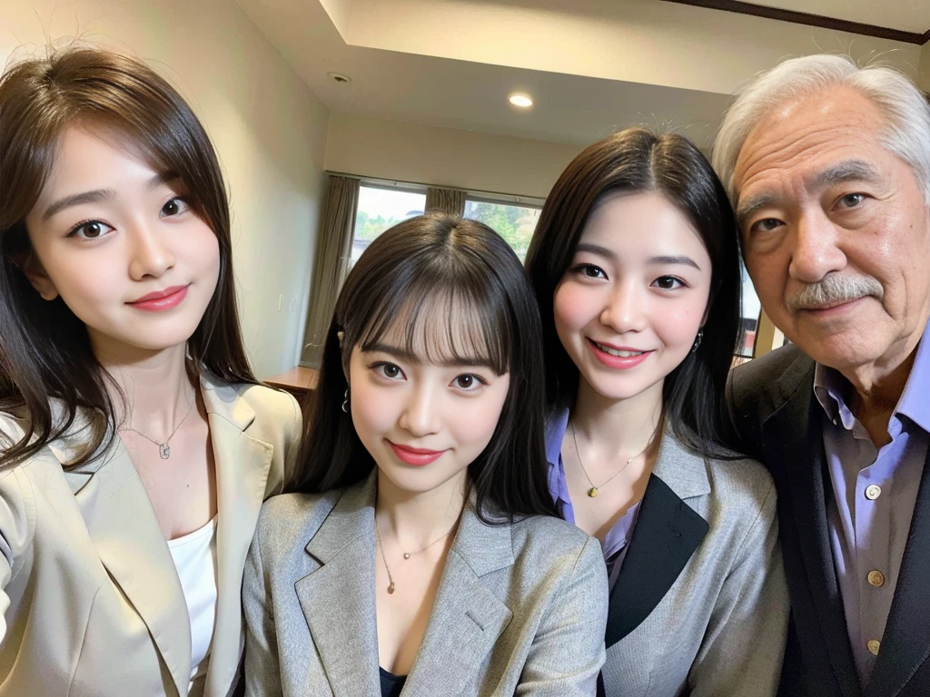 (A young and beautiful Korean female president dressed as a politician is seen with her elderly gray-haired grandfather and bearded father.,A photo of two cute elementary school sisters taking a family photo:1.3)(Grinning expression:1.2)(20-year-old:1.3)(Huge , There is cleavage in the chest:1.2),(Sweating profusely)(Huge boobs)(Elegant, shiny, long black hair:1.2))(8k, RAW Photos, Highest quality, masterpiece: 1.2),High-resolution RAW color photos, Professional photos, Very detailed and beautiful,(she&#39;She&#39;s very skinny but has big breasts:1.4), Small face:1.Perfect anatomical figure、(Browsing Caution:1.1)(Huge breasts that make your clothes burst: 0.9) (Huge胸 :1.4)(Classy makeup,eyeliner/eye shadow,lipstick,Fair skin,Beautiful Skin)(Full body photo:1.1)(Shiny Hair:1.3)(lipstick:1.2)(Too big earrings:1.2)(Beautiful female college student:1.2)(セクシーな韓国人sister:1.2)(sister:1.1))(Family group photo:1.3)(Box Coverage,Press conference:1.2)Off-the-shoulder blouse,