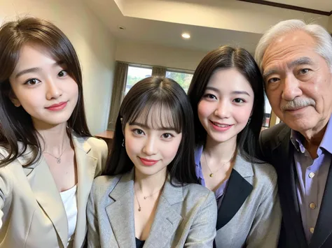 (A young and beautiful Korean female president dressed as a politician is seen with her elderly gray-haired grandfather and bear...