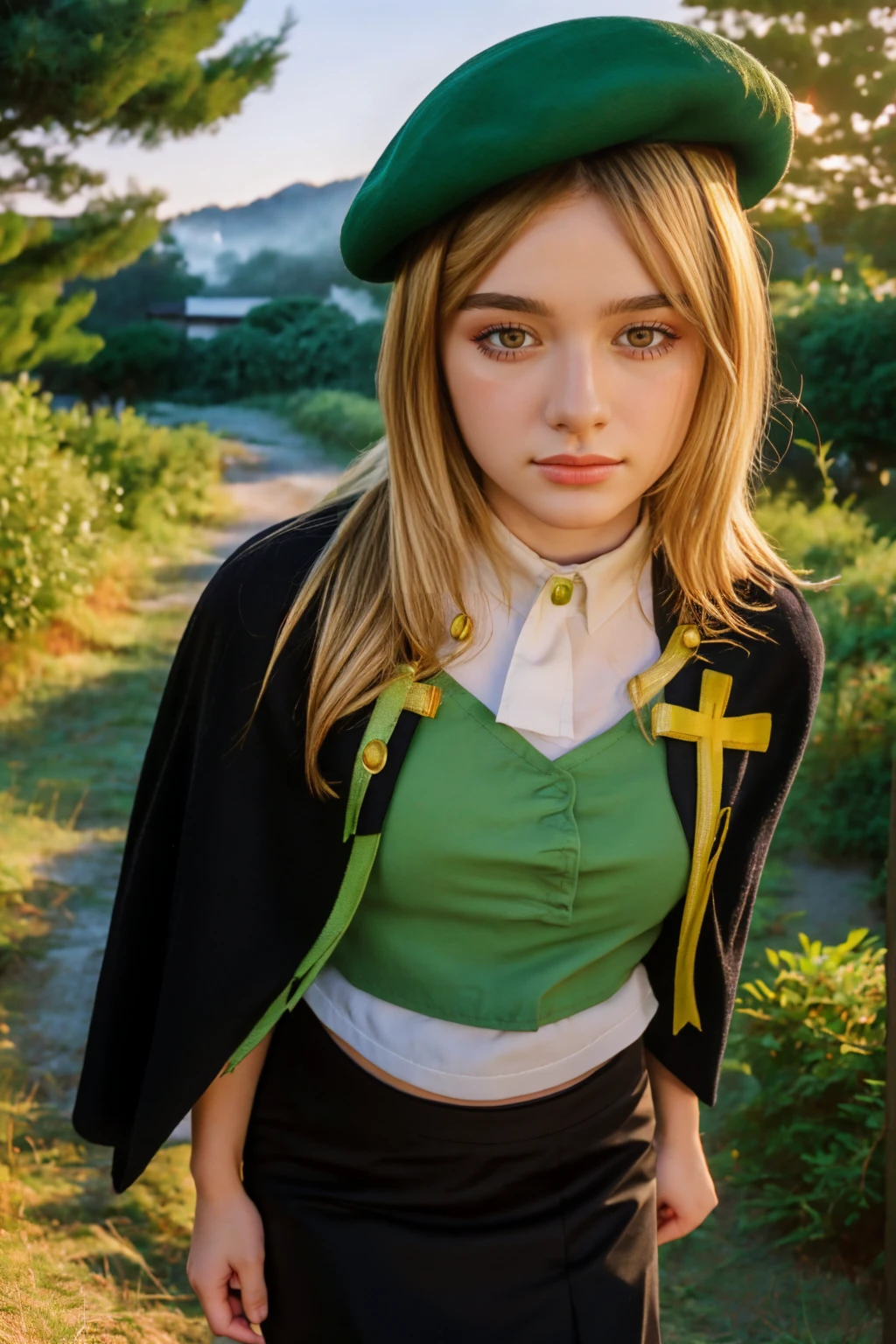 1 girl, best quality, ((Miyo)), tarankaaa, NOT Dasha Taran, Takano Miyo after Sotsu redemption, perfect face, beautiful smile, 30 years old, ((ascot, uniform, black skirt, cross, ribbon, gold blonde hair, emerald, beret, cape, pantyhose, her shirt cover hips)), ((perfectly drawn hands)), perfect body, bare tree, bush, fog, forest, grass, nature, outdoors, plant, scenery, solo, standing, tree, 32k photograph, ((perfect eyes, detailed eyes,realistic eyes)), ((sharp face, detailed face, realistic face, natural skin, realistic skin, detailed skin, pores)), full body, tone mapping, asian-european, ((masterpiece)), ((highres)), ((detailed background)), japanese village background, night, big proportions,