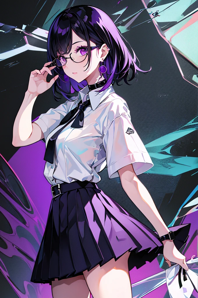 
girl in black and purple hair standing in front of purple background, 1 girl, alone, short hair, skirt, shirt, Black Hair, Simple Background, white shirt, Purple eyes, Black tie, jewelry, pleated skirt, From the side, Short sleeve, Earrings, collared shirt, shirt tucked in,rum \(rumダヨー\), eye shadow.White clothes,Glasses