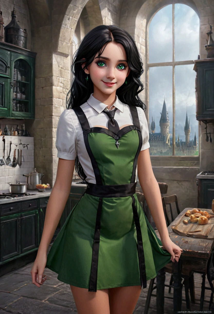 Ultra realistic girl 11 years old, daughter of severus snape ,Masterpiece, Perfect hair, Black hair, green eyes, Backless V-line, black dress, mini skirt, white cute apron, girl, collar, white skin, Earring, Smile, view from front body, border line, view from back body, all body shot, Hogwarts Castle Background
