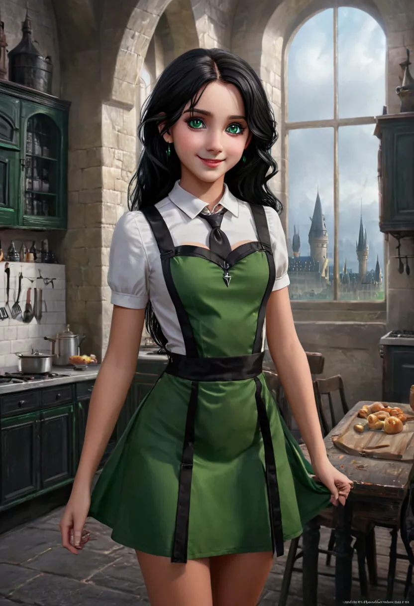 Ultra realistic girl 11 years old, daughter of severus snape ,Masterpiece, Perfect hair, Black hair, green eyes, Backless V-line...