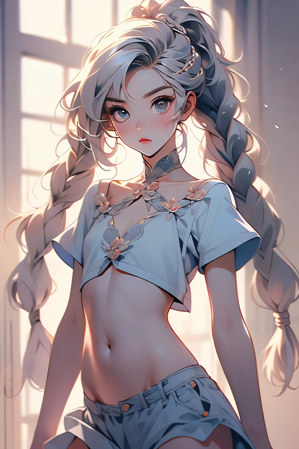  ((best quality)), ((masterpiece)), (detailed), 1girl, off-shoulder baggy sweater,clothes too big, revealing body,(little chest),(big forhead:1.2),(beautiful big eyes:1.3),extremely detailed cute anime face, (((flat chest))),((((long twin braids,tight braids,long braid,braided hair,long hime cut,colored inner hair)))),intricate eyes,beautiful detailed eyes,symmetrical eyes,((((lustrous skin:1.5,bright skin: 1.5,shiny skin,very shiny skin,shiny body,Reflective skin)))),(((detailed face))),beautiful detailed lips,(nsfw)), ((downblouse, upskirt)),(baggy, sagging clothes, upskirt, downblouse), dynamic pose,looking at viewer, (((embarrassed))),(horrified expression),highres,(best quality),(ultra detailed,extremely detailed),perfect face details, ((masterpiece:1.4, best quality))+, (ultra detailed)+, long twintails, (white thighhighs), cute girl,blue clothes, (flat chest:1.3), NSFW, small breasts, prominent collarbones, skinny arms, flat stomach, visible hip bones, long hair, red hair, white hair, blonde hair, dark hair, ponytail, thick ponytail, heavy ponytail, small breasts, NSFW 