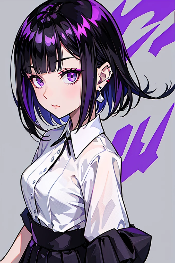 girl in  with black and purple hair standing in front of , 1 girl, alone, short hair, skirt, shirt, Black Hair, Simple Background, white shirt, , , jewelry, pleated skirt, From the side, Short sleeve, Earrings, collared shirt, shirt tucked in,rum \(rumダヨー\), eye shadow.White clothes,