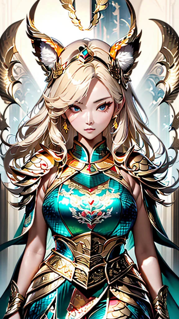 1 beautifull kitsune queen wearing a golden armor, hands behind, hairs covering ears,blonde hairs, french braid, hair hide ear, hime cut, very long hair, heart-shaped pupils, animal ears,european face, fox ears,"long orange fox ears with black tips", covering ears, kemonomimi mode,tail emanating(9 tails fox),huge tits, large hips with golden armor,((fully clothed)), "all skin covered by golden armor", no nsfw, high detail, depth of field, masterpiece, anatomically correct, high quality, award winning,(masterpiece, best quality),sunny,((extremely detailed background)), traditional temple, facing viewer,action pose,Beautiful Finger,Beautiful long legs,Beautiful body,Beautiful Nose, perfect face,(mature:1.1),(milf:1.1),(mature female:1.3),make up,parted lips,(shiny skin:1.3),(perfect female body:1.2),(gorgeous detailed skin),(detailed hair), masterpiece, high quality, highres, absurdres,(beautiful and aesthetic:1.2), beautiful hand, 4k, 8k, perfect balance, detailed aqua eyes, perfect eyes, expressive eyes, looking at viewer, expressionless, ray_tracing,intricate details,depth of field, extremely delicate and beautiful, (Beautiful,), (beautiful_face:1.5) 