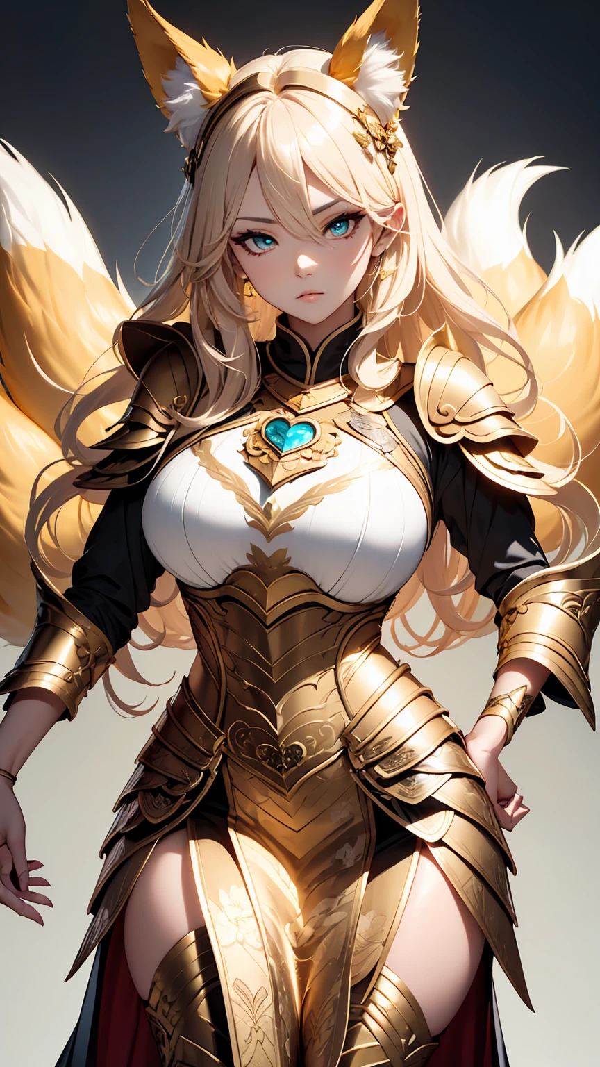 1 beautifull kitsune queen wearing a golden armor, hands behind, hairs covering ears,blonde hairs, french braid, hair hide ear, hime cut, very long hair, heart-shaped pupils, animal ears,european face, fox ears,"long orange fox ears with black tips", covering ears, kemonomimi mode,tail emanating(9 tails fox),huge tits, large hips with golden armor,((fully clothed)), "all skin covered by golden armor", no nsfw, high detail, depth of field, masterpiece, anatomically correct, high quality, award winning,(masterpiece, best quality),sunny,((extremely detailed background)), traditional temple, facing viewer,action pose,Beautiful Finger,Beautiful long legs,Beautiful body,Beautiful Nose, perfect face,(mature:1.1),(milf:1.1),(mature female:1.3),make up,parted lips,(shiny skin:1.3),(perfect female body:1.2),(gorgeous detailed skin),(detailed hair), masterpiece, high quality, highres, absurdres,(beautiful and aesthetic:1.2), beautiful hand, 4k, 8k, perfect balance, detailed aqua eyes, perfect eyes, expressive eyes, looking at viewer, expressionless, ray_tracing,intricate details,depth of field, extremely delicate and beautiful, (Beautiful,), (beautiful_face:1.5) 